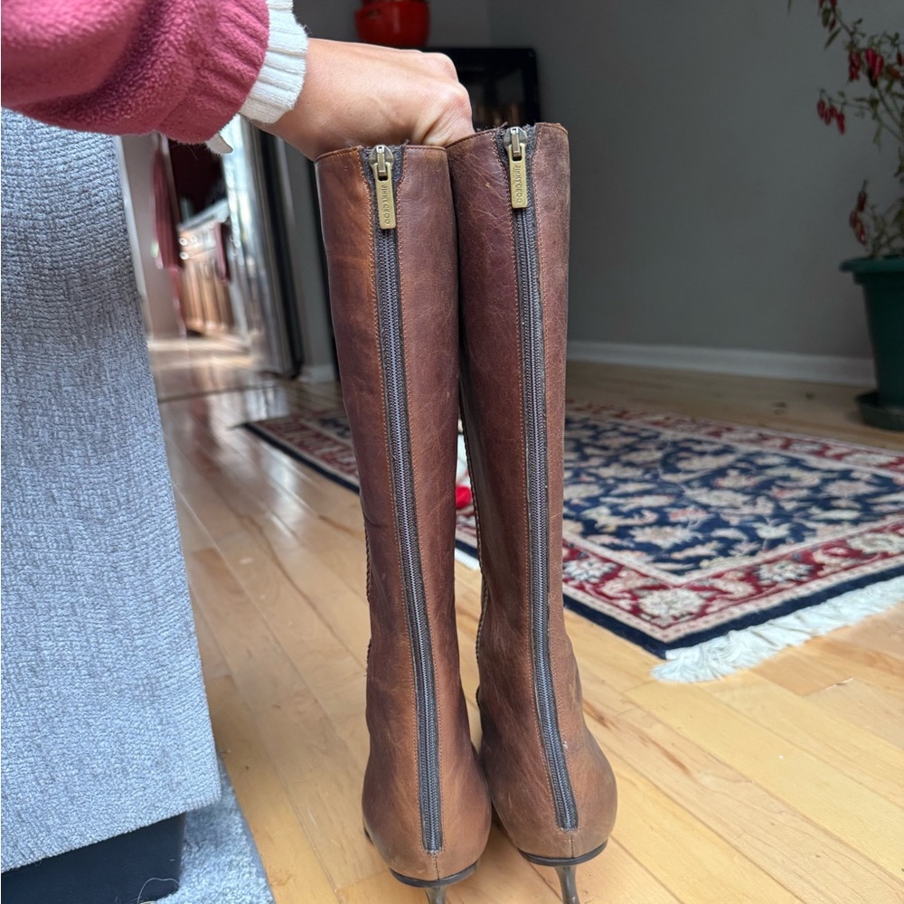 Jimmy Choo Chestnut Brown Leather Knee-High Heeled Boots - Picture 2 of 5